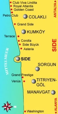 Landkarte der Region um Side. Viva Lindita liegt ganz oben. Landkarte der Region um Side. Viva Lindita liegt ganz oben.